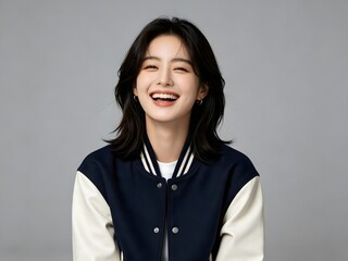 Fototapeta premium Smiling young woman wearing a classic varsity jacket on gray background