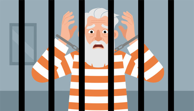 Worried elderly male prisoner wearing a striped uniform and handcuffs behind prison bars in a detention cell.