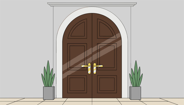 Elegant brown wooden arched double entrance doors with golden handles flanked by potted green house plants.