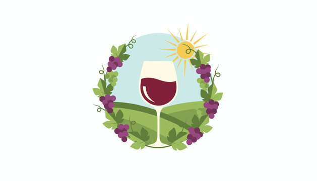 Glass of red wine against a green vineyard landscape framed by decorative grape vines and grapes in a circular design.