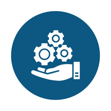 Flat icon showing a human hand holding three rotating gear wheels representing mechanical maintenance and technical support transparent background