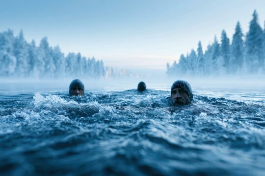 Polar bear plunge in a scenic frozen winter lake