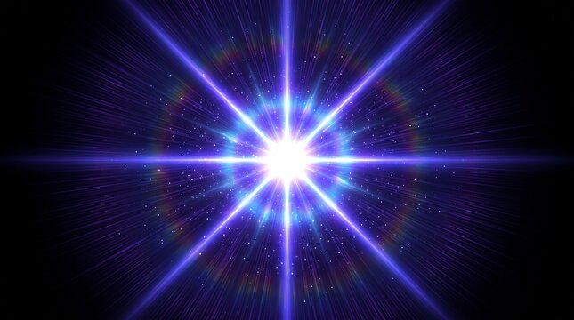 Bright blue star explosion with light rays on dark background