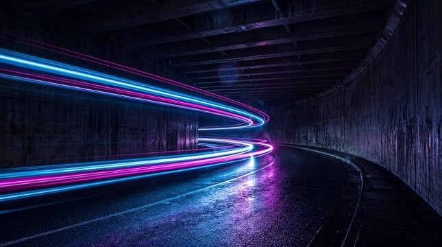 Neon light trails moving fast in a dark night tunnel