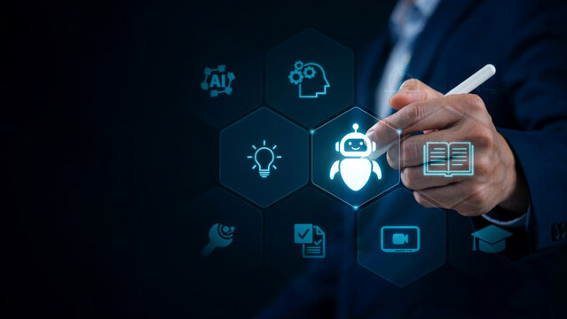 Businessman selecting AI chatbot icon on interactive digital grid