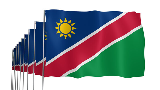 Multiple Namibia Transparent Flags Waving on Blue Sky Background