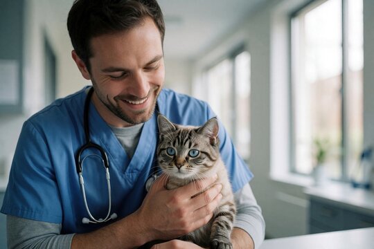 Smiling vet in blue scrubs holds tabby cat with blue eyes. Veterinary exam room setting, daytime. Man cares for pet with compassion and gentleness.