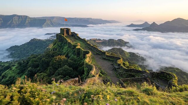 Timelapse of cloud inversion at Pratapgad Fort, one of the twelve forts of Maratha Military Landscapes of India, UNESCO World Heritage Site.