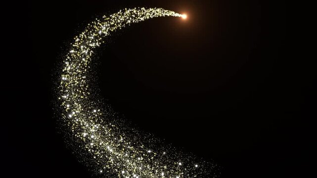 Golden sparkle glitter text title reveal underline trail, glittering shimmer stroke swirl motion with magic light flare, black background elegant cinematic animation design element in 4K