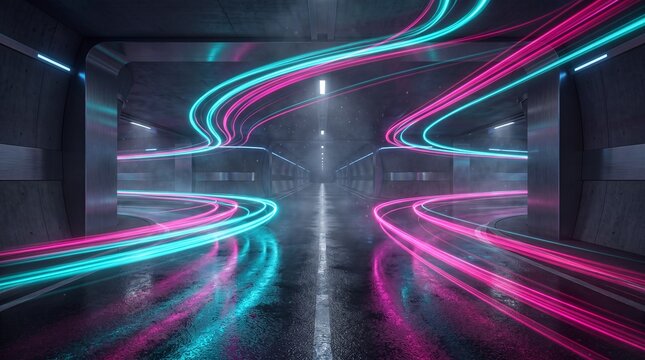 Neon blue and pink light trails in a dark modern tunnel