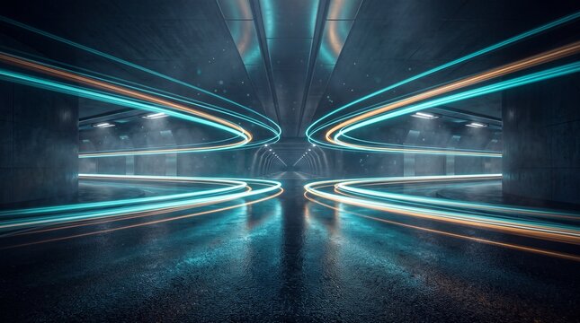 Neon light trails moving through a dark futuristic tunnel
