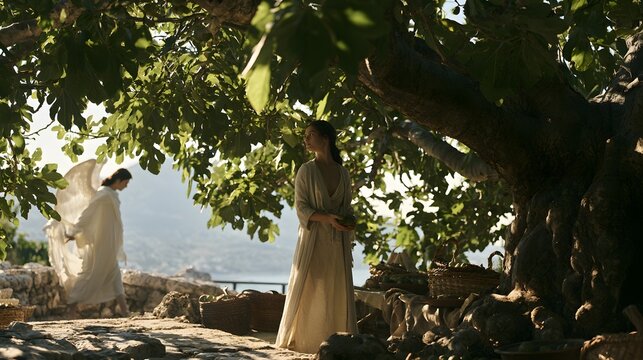 Woman in ancient dress under a fig tree, observing another woman in flowing white garment in a sunlit historical setting