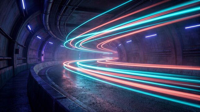 Fast moving car light trails inside a dark city tunnel