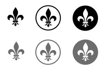 Fleur de lis icon set featuring simple floral symbols, circular badges, black and gray variations, suitable for logos, branding, and designs © NaRa