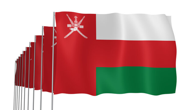 Multiple Oman Transparent Flags Waving on Blue Sky Background