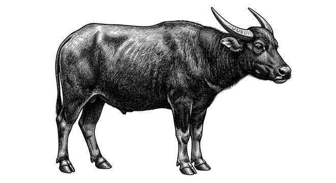 Detailed vintage engraving style illustration of a powerful water buffalo standing