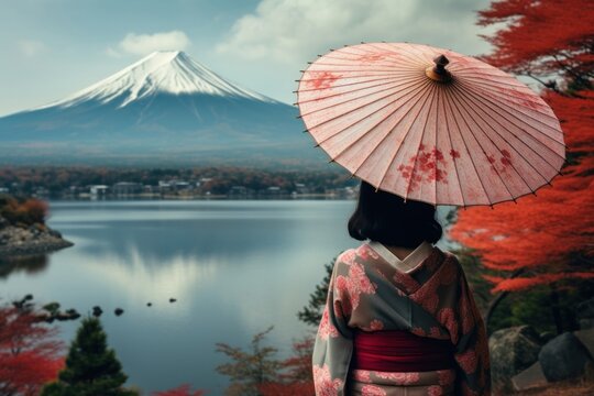 Japanese traditional kimono mountain outdoors.
