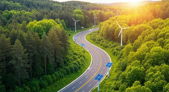 Serene asphalt road winding through lush green forest with modern wind turbines and solar panels
