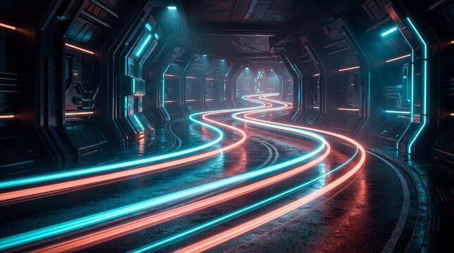 Neon light trails moving through a dark futuristic tunnel