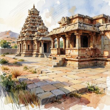 Watercolor art shows ancient stone temple complex in sunny weather. Courtyard with tiled floor leads to ornate Hindu architecture with carved pillars and multi-tiered roof.