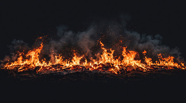 burning fire line on dark background with smoke and sparks