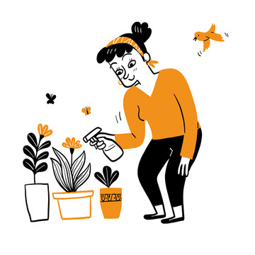 Houseplant Care Woman Spraying Water on Potted Flowers Illustration