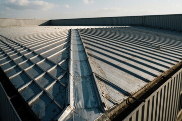 Fototapeta premium Large industrial building with corrugated metal roof and gutter system. Construction details, building exterior structure and overhead perspective.