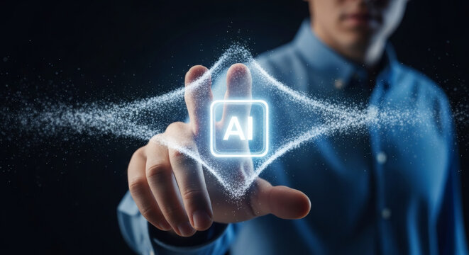 Businessman touching virtual screen with glowing AI artificial intelligence icon