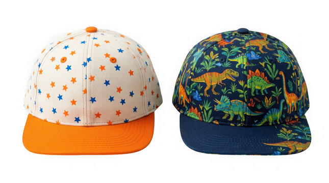 Two childrens baseball caps with star and dinosaur patterns isolated on transparent background