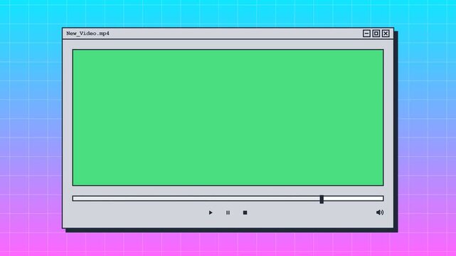 Retro computer video player interface with green screen chroma key on vaporwave synthwave grid background