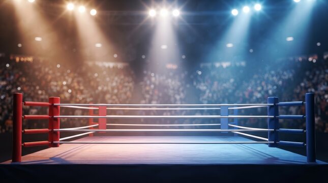 A dramatic view of a brightly lit boxing ring prepared for a championship fight.