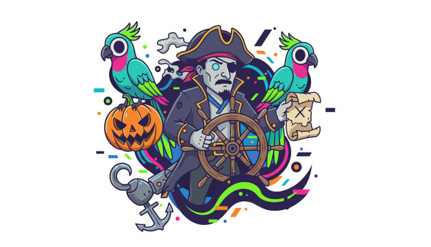 Undead pirate captain steering a ship wheel flanked by colorful parrots, a jackolantern pumpkin and treasure map.