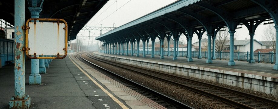 Empty train platform with rusted signpost and vacant tracks. Old station architecture with blue columns under grey sky. Nobody waits for train.