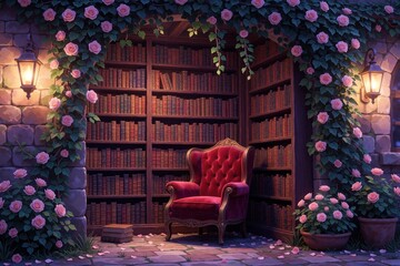 Fototapeta premium Cozy reading nook with red velvet armchair in vintage library. Pink rose vines grow on stone wall near tall bookshelves. Warm lantern light glows in evening garden. Dreamy magical atmosphere for