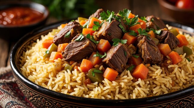 Aromatic rice pilaf with chunks of cooked lamb, diced carrots in patterned ceramic bowl. Spiced meat dish served with fresh parsley on table. Traditional ethnic meal featuring savory meat, vegetables