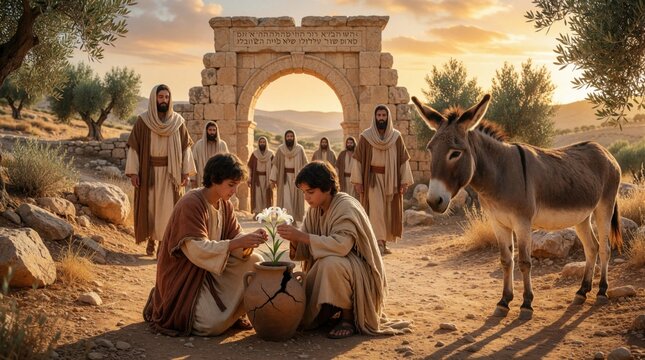 Group of men in ancient biblical clothes walk through stone archway in desert landscape. Two young boys plant white flower in clay pot on dusty ground. Donkey stands near under olive trees at sunset.