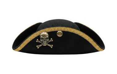 Naklejka premium A clean black pirate tricorn hat with gold trim and a bronze skull emblem isolated on transparent background