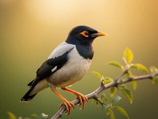 Fototapeta premium Asian pied starling perches on tree branch. Bird with black white plumage and orange beak watches intently. Natural habitat background at sunrise sunset.
