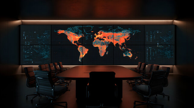 Dark monitoring room with global attack heat map display, empty chairs facing illuminated screen, cybersecurity operations center interior, photorealistic wide angle