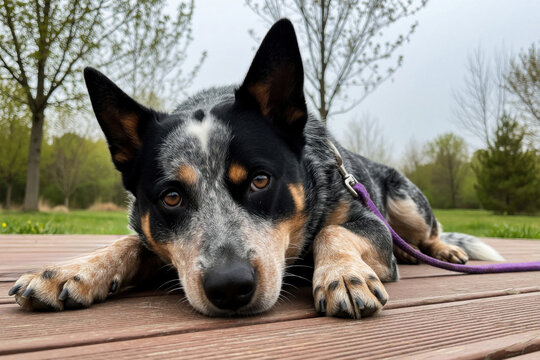 Australian cattle dog rests on wooden deck outdoors. Dog with collar looks at camera, enjoys park landscape. Pet waits patiently on a warm day.