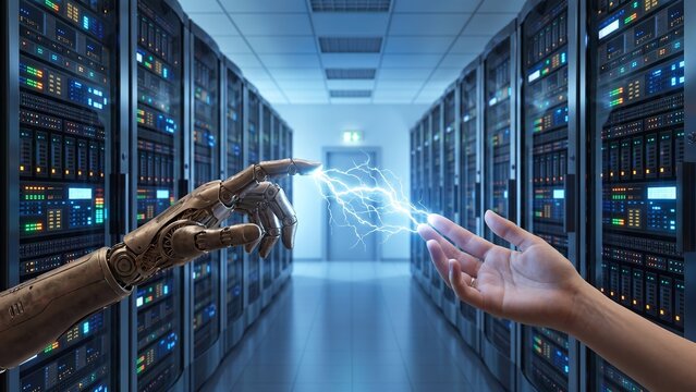 Human and Robotic Hands Connecting with Electric Lightning in Datacenter
