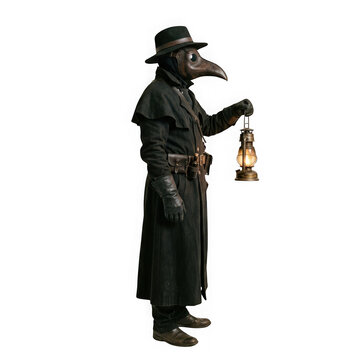 Medieval plague doctor in beak mask holding lantern isolated on transparent background