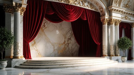 Fototapeta premium Empty grand classical stage with ornate white pillars, gold details. Red velvet curtains hang over marble backdrop, stairs. Luxury theater interior with elegant architecture, potted plants. Majestic