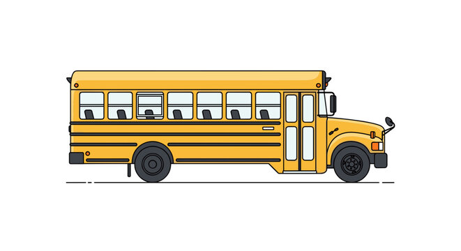 Side view vector illustration of a classic yellow school bus featuring black trim, horizontal lines, multiple windows with visible interior seats, and detailed black wheels.