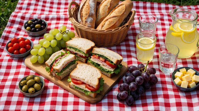 Delicious picnic food on red checkered blanket. Sandwiches with tomato, lettuce, grapes, olives, cheese, lemonade on table. Fresh meal spread in garden for summer lunch outdoor party with friends.