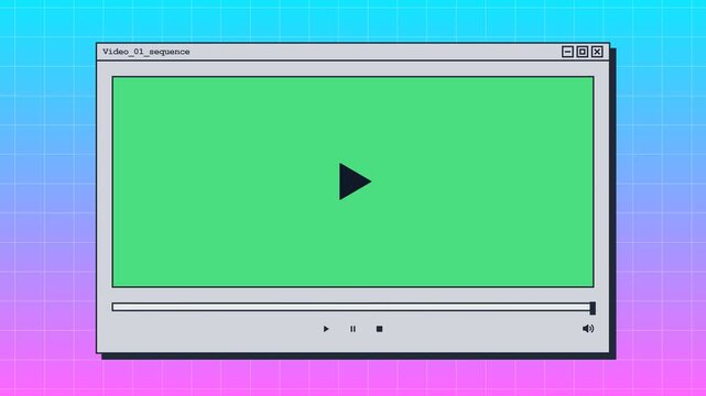 Retro Computer UI Video Player Window Mockup with Green Screen Chroma Key on Synthwave Vaporwave Grid Background