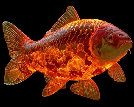 Glowing Orange Fish Made of Fire on Black Background