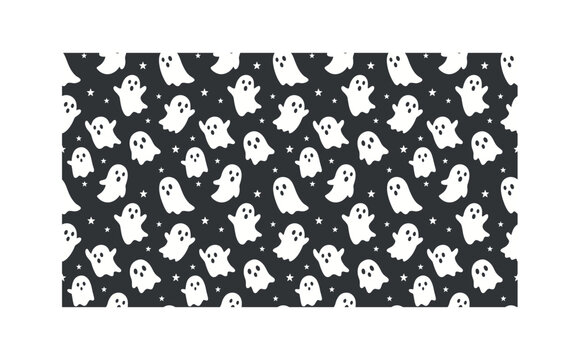 Seamless pattern with cute white ghosts and small stars on a dark grey background