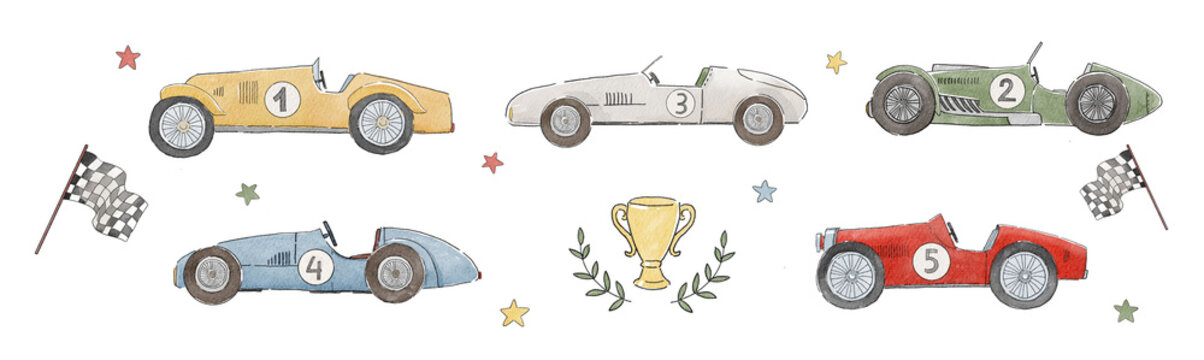 Vintage Racing Cars Watercolor Set with Checkered Flags, Trophy and Stars
