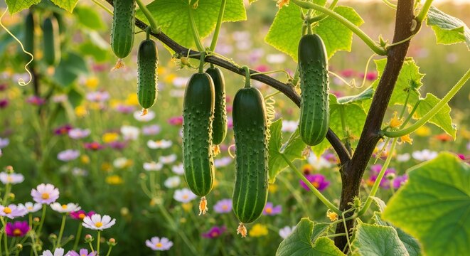 Fresh organic cucumbers hanging on a vine growing during sunny summer season in the countryside.